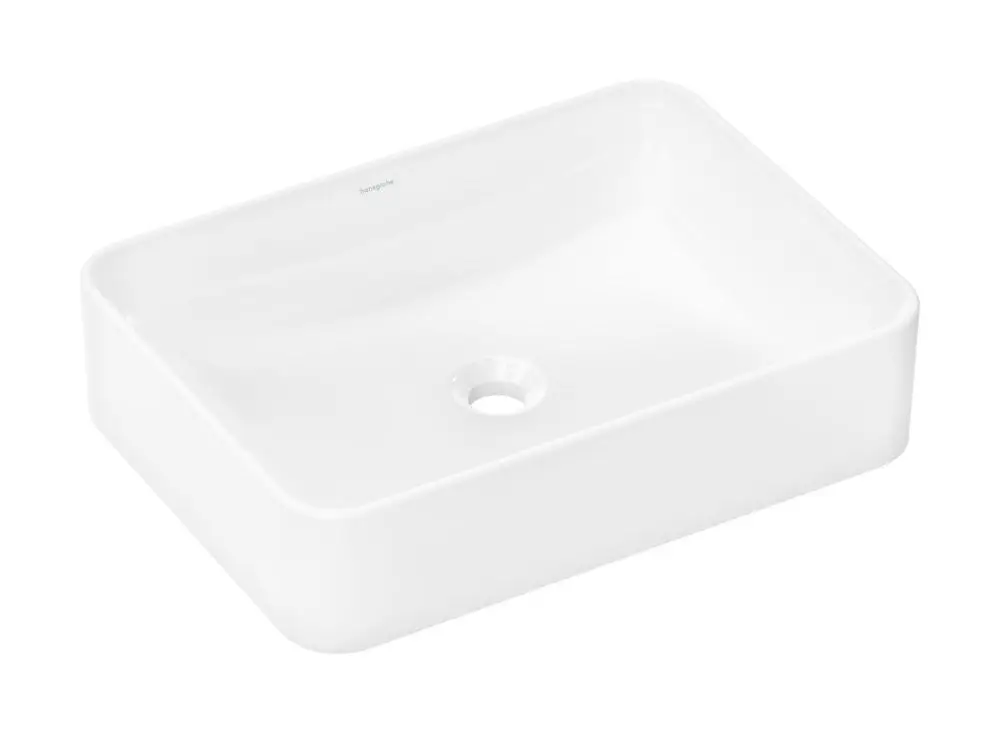 Rechteckiger Aufsatzwaschtisch in Weiß, ohne Hahnloch und Überlauf, von Hansgrohe. Glatte Oberfläche, geeignet für moderne Badezimmerdesigns.